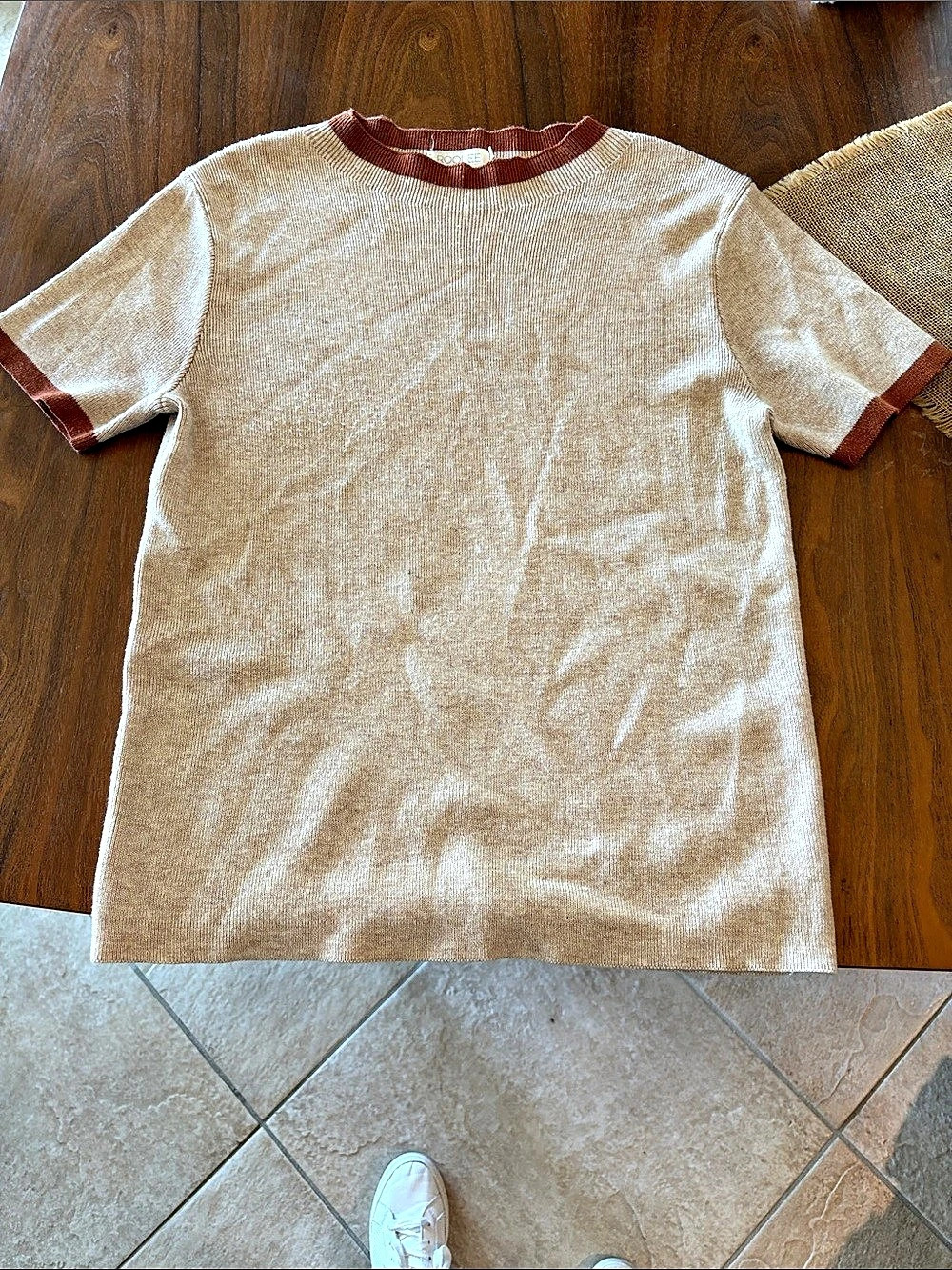 Roolee Short Sleeve Knit Top in Cream & Brown Size Medium